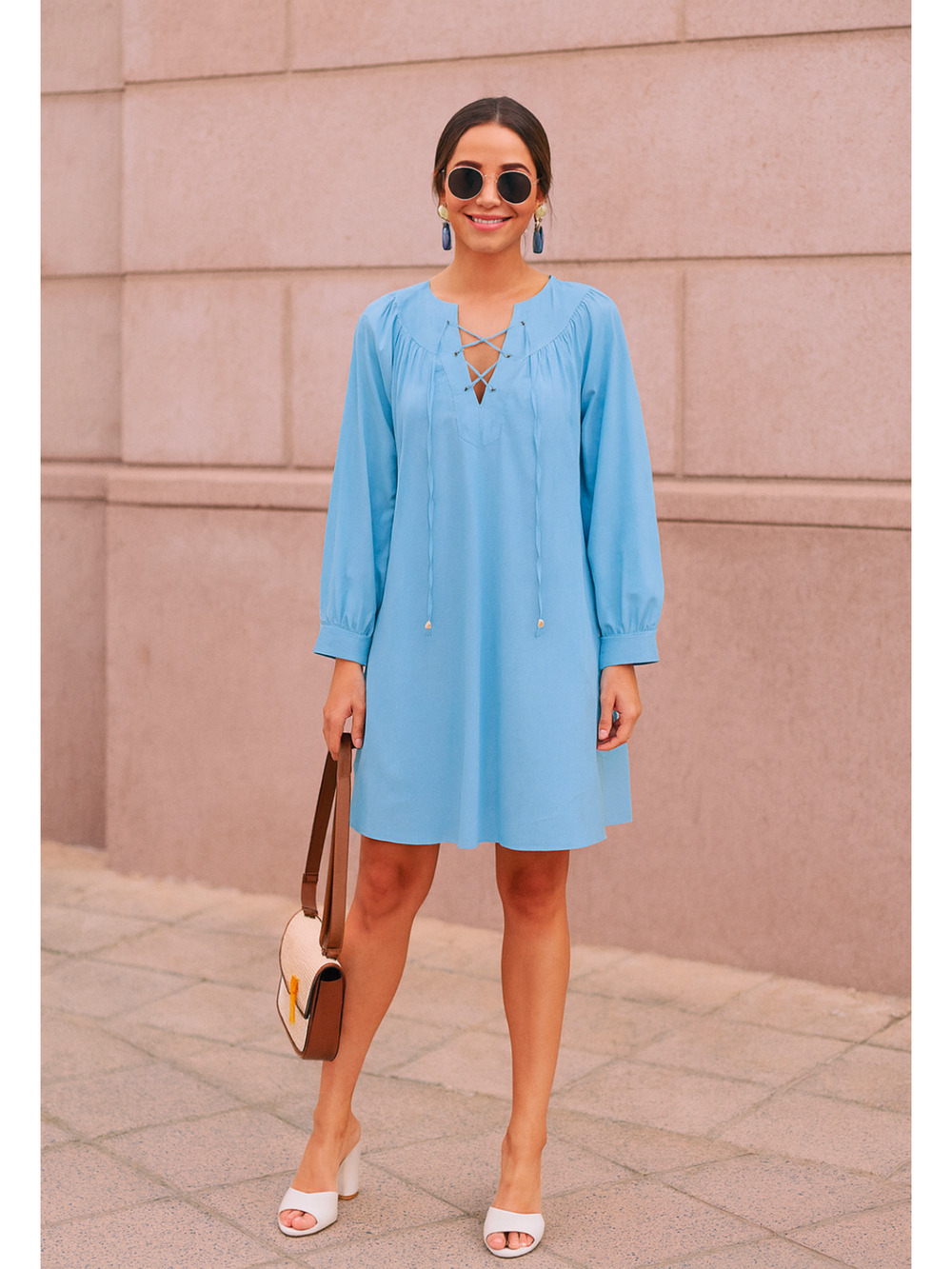 Pomander Place Tuckernuck Blue Lace-Up Mini Dress XS Long Sleeve A-Line